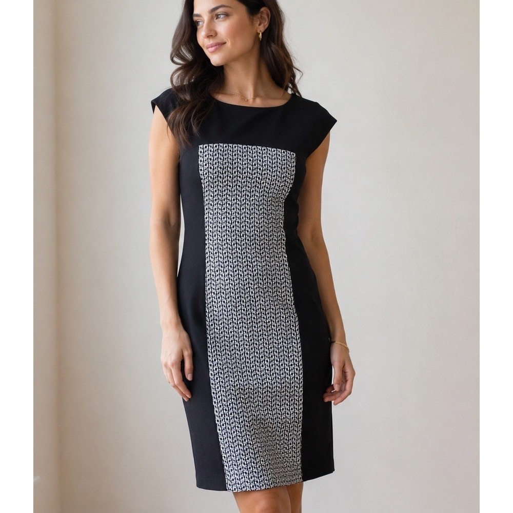 NWT Chico's Amilia Dress Sz 2 Med. Black Geometric Jacquard Panel Sleeveless NEW